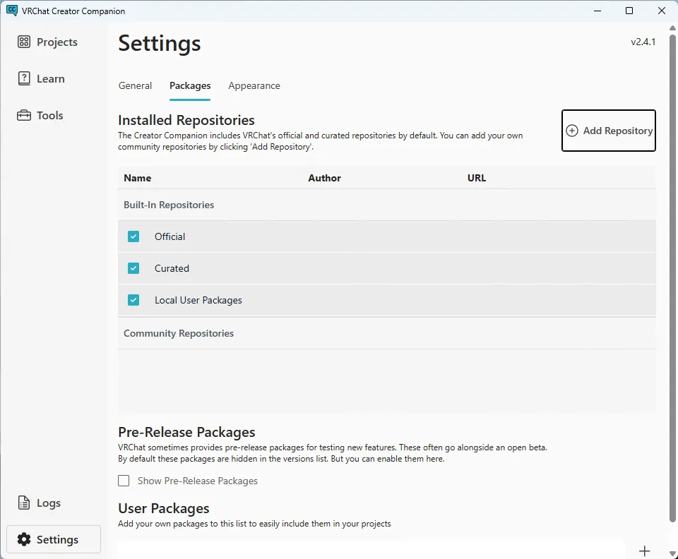 Creator Companion project settings