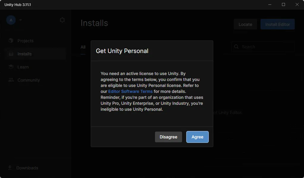 Unity Hub license agreement